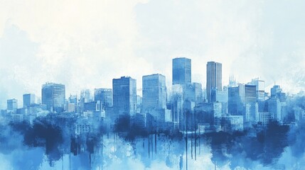 Fototapeta premium Blue Cityscape Modern Urban Skyline Painting