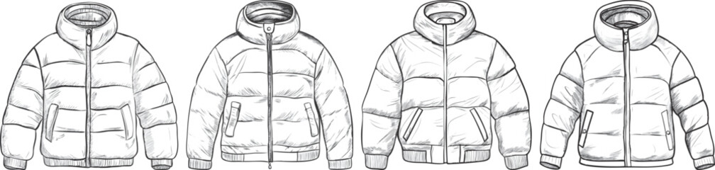 Puffer Jackets Vector Illustration, Isolated on White Background.