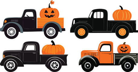 Halloween Trucks with Pumpkins Vector Illustration.