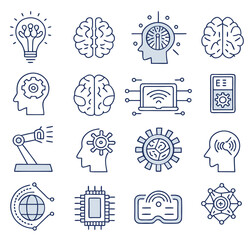 artificial intelligence icon set in line style, machine learning, smart robotic and cloud computing network digital AI technology: internet, solving, algorithm, vector illustration