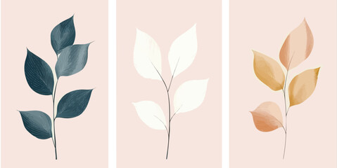 Botanical Vector Set: Three Branches with Watercolor Leaves.