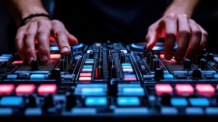 DJing Hands on a Colorful Mixing Console