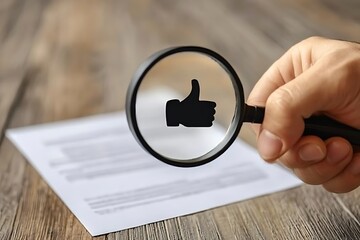 Quality control inspector's hand holding a magnifying glass over a document, examining a thumbs-up symbol, emphasizing positive feedback and approval
