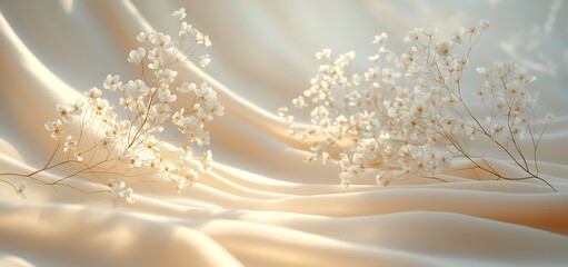 White Flower Mockup on Flowing Satin Fabric with Soft Glow

