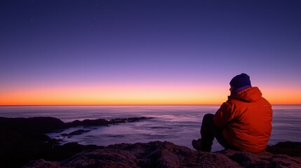 Serene Sunset Over Ocean with Adventurer in Warm Jacket Contemplating Nature's Beauty by the Seaside Cliff