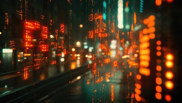 Futuristic city night view with digital data overlay