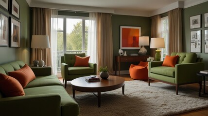 Fototapeta premium Modern living room with green and orange accents