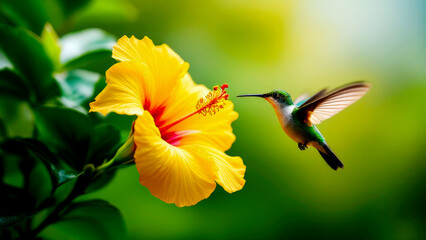 High-speed capture of hummingbird feeding on vibrant Thai hibiscus flower