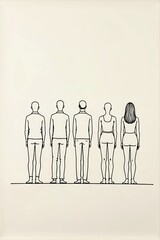 continuous line drawing of five different people standing side by side, minimalist black ink