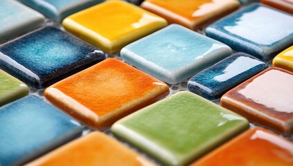 Close-up view of colorful square ceramic tiles