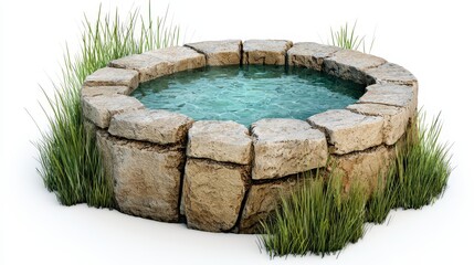 Fototapeta premium Rough Stone Water Well With Clear Water Surrounded by Green Grass on White Background