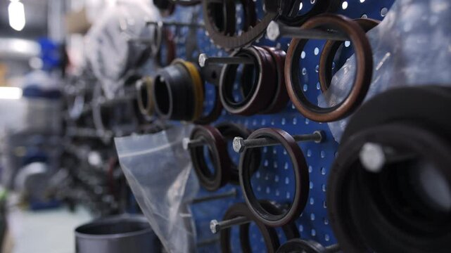 Automotive seals and gaskets organized on workshop pegboard