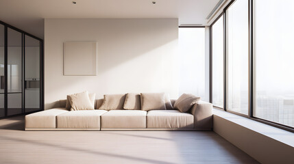 Fototapeta premium Minimalist living room with beige sofa and abstract art, bathed in soft natural light, embodying contemporary elegance and tranquility.