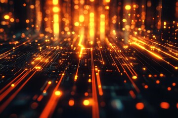 Abstract digital network.  Orange lights streak across dark circuit board