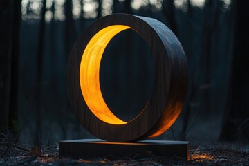 Wooden ring sculpture, glowing inside, dark forest