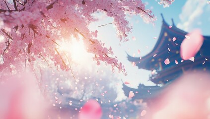 Pink cherry blossoms fall around a traditional Asian pagoda