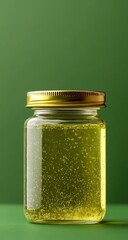 Glass jar of light yellow liquid against a deep green background