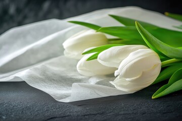 Delicate white tulips on translucent paper