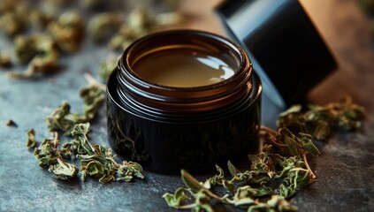 Amber jar of topical cannabis product, surrounded by dried cannabis flowers