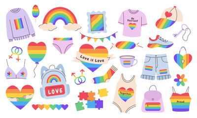 Fototapeta premium LGBTQ pride elements set. Rainbow love elements. Perfect for posters, stickers, cards and Pride Month designs. Vector illustration.
