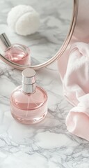 Pink perfume bottle on marble, soft focus