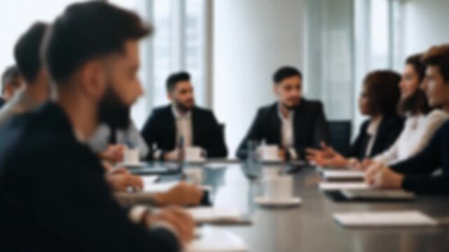 Blurred background of nonprofit board exchanging fundraising strategies, 4K resolution