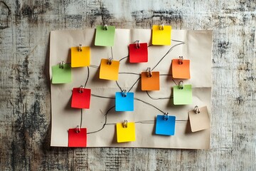 Colorful sticky notes connected by lines on a paper, representing a project plan or mind map