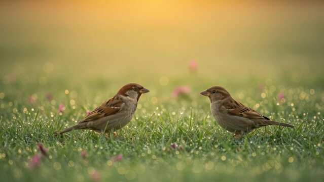 Two sparrows face each other in dewy grass.