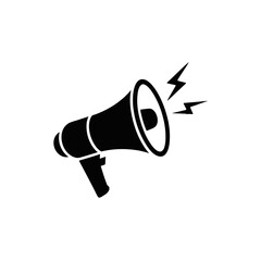A black silhouette of a megaphone is depicted, with sound waves emanating from it, symbolizing amplification and communication