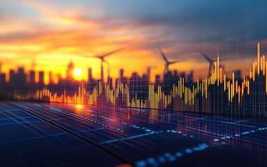 Financial data overlaid on solar panels with city skyline and wind turbines at sunset
