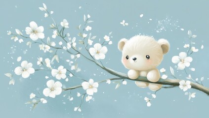 Cute teddy bear sits on a blossoming branch