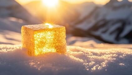 Golden ice cube on snow-covered mountaintop at sunrise
