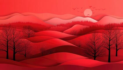 Red landscape with layered hills and silhouettes of trees.  Sunset
