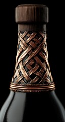 Close-up of a bottle neck with intricate copper weaving.  A dark bottle with a wooden cap and copper-wrapped neck