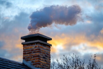 Chimney smoke rises against a sunset sky