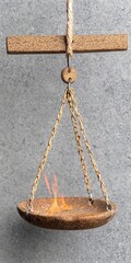 Rustic Cork Scale with Burning Fire Hanging from Wooden Beam