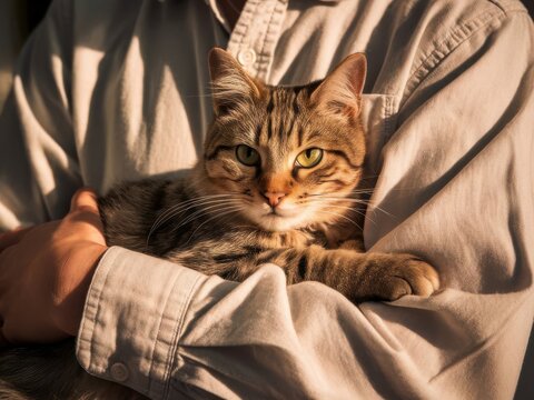 Warm embrace a tabby cat resting contentedly in its owner's arms basking