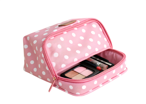 Pink polka dot makeup bag isolated on a white background png