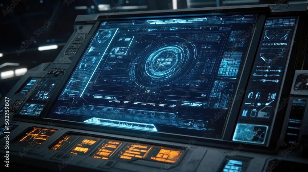 Poster futuristic control panel with glowing blue interface displays data and controls