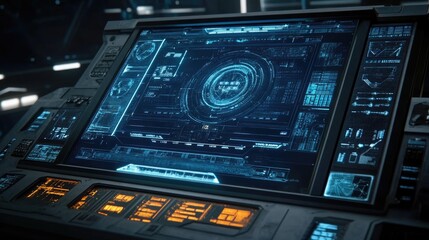 Futuristic control panel with glowing blue interface displays data and controls