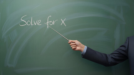 A person in a dark suit stands beside a green chalkboard, holding a metal pointer stick. The scene suggests a classroom setting, with a clear, minimal composition.