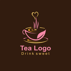 Sweet Tea Cup Logo, Heart Steam Drink Icon, Pink and Gold Beverage Symbol, Romantic Tea Time Emblem, Delicious Tea Design