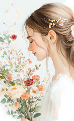 Naklejka premium Young woman with long hair, adorned with floral accessories, gently holds a bouquet of colorful flowers, surrounded by delicate petals, embodying beauty and serenity in a soft illustration