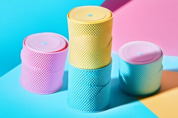 Brightly Colored Cylindrical Containers Stacked on a Vibrant Background