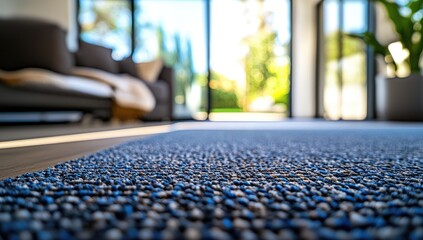 Fototapeta premium Close-up view of textured carpet in modern living room, blurring into patio/garden beyond
