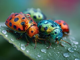 Fototapeta premium Macro shot of iridescent beetles with water droplets on green leaves, vibrant rainbow colors, ideal for nature or biology projects