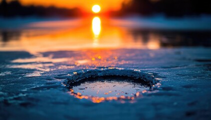 Frozen lake hole at sunset