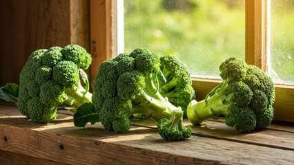 Broccoli on wood in front of window.