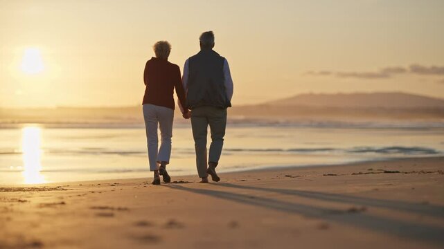 Elderly couple walking on beach at sunset