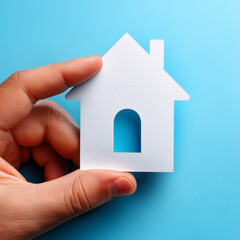 Gros plan d'une main qui tient une maison en papier blanc sur un arrière-plan bleu